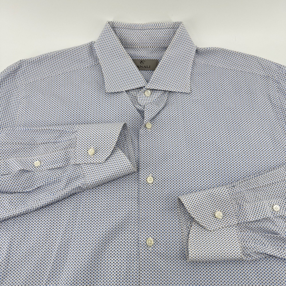 Canali Dress Shirt Mens L Blue Geometric Cotton Long Sleeve Button‎ Up